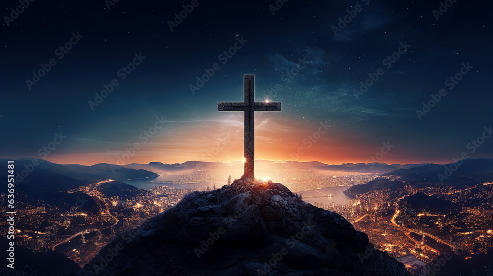 Concept of faith in God. Silhouette of a religious cross on hill in clouds. Hope for salvation, request for help to heaven - obrazy, fototapety, plakaty 