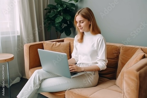 Girl sits laptop. Generate Ai