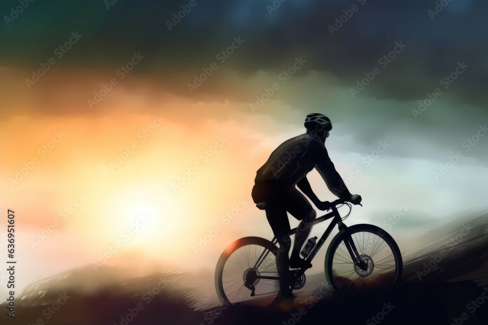 Obraz premium Man riding bike sunrise. Generate Ai