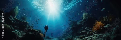 Scuba divers through tunnel under the ocean undersea.