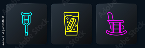 Set line Crutch or crutches, Rocking chair and False jaw glass. Black square button. Vector