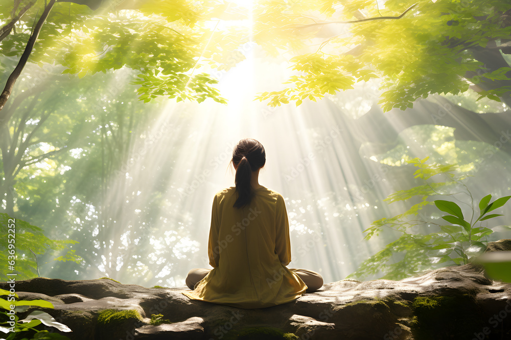 girl standing in peaceful forest scene with rays of sunlight