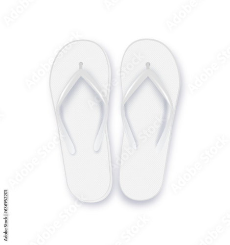 Realistic 3d White Blank Empty Flip Flop Closeup Isolated on White Background. Design Template of Summer Beach Flip Flops Pair Mockup. Vector