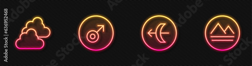 Set line Sagittarius zodiac, Cloudy weather, Mars symbol and Earth element. Glowing neon icon. Vector