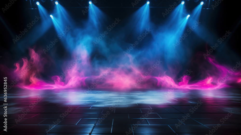 Concert stage with smoke and lights. Generative Ai