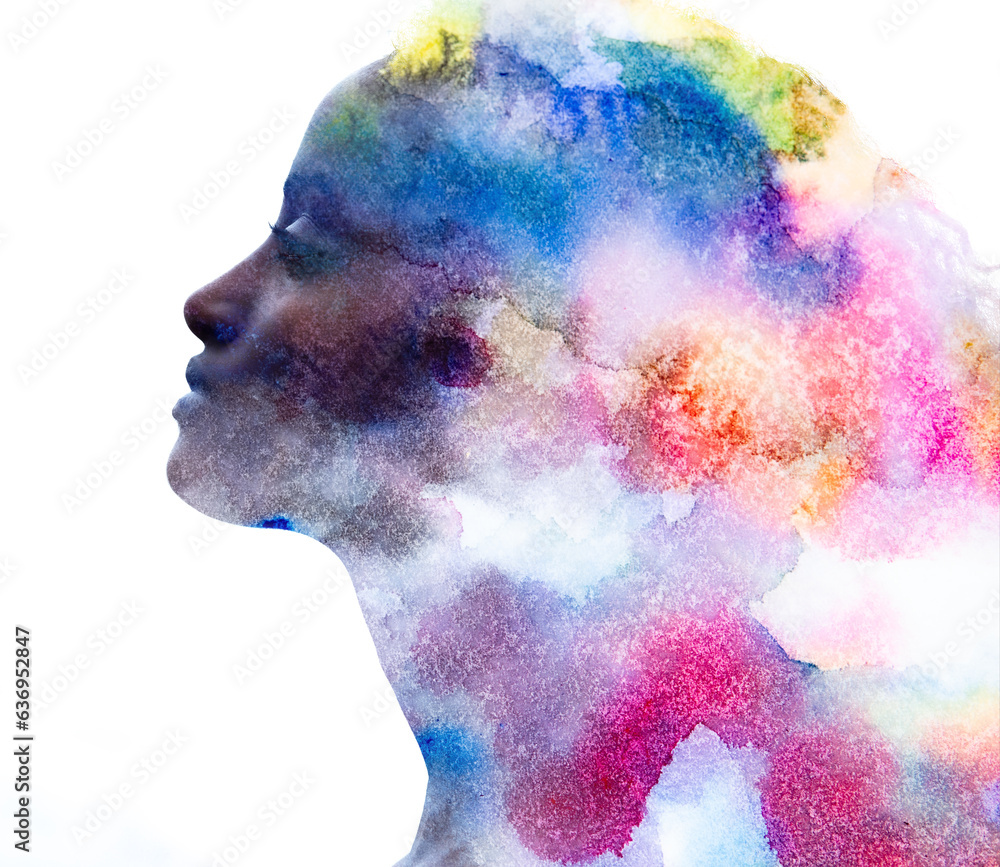 A paintography portrait of a young woman combined with a colorful painting.
