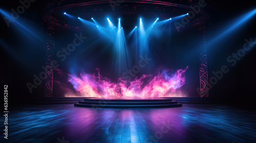Concert stage with smoke and lights. Generative Ai photo