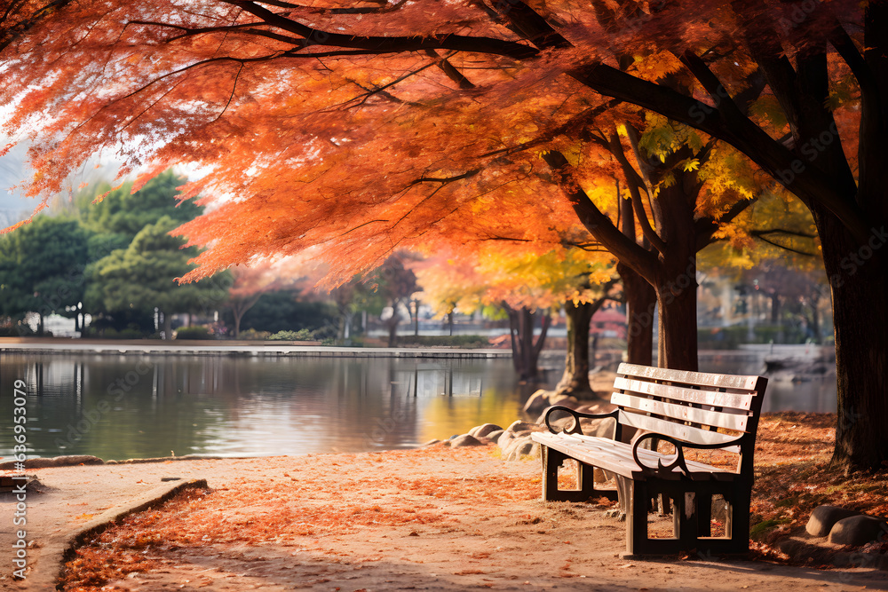 A photo of a serene park with benches adorned with colorful autumn