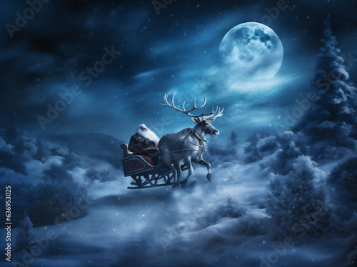holiday christmas claus reindeer winter claus sleigh santa gift december night. Generative AI.