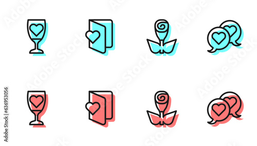 Set line Flower rose, Glass of champagne, Valentines day flyer and Heart speech bubble icon. Vector