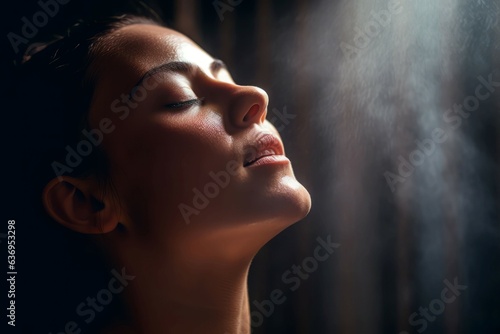 Woman bath closed eyes. Generate ai