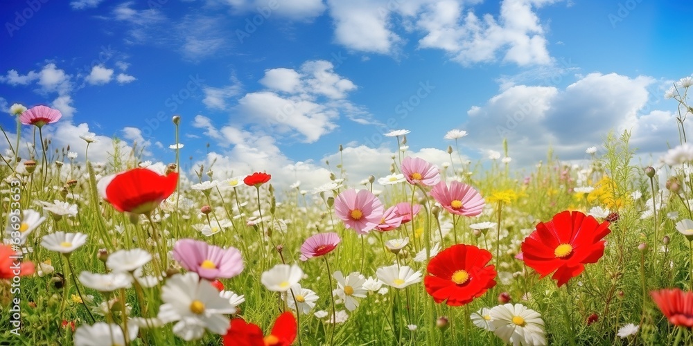 Idyllic summer flower meadow with red pin poppies and white daisies against a blue sky