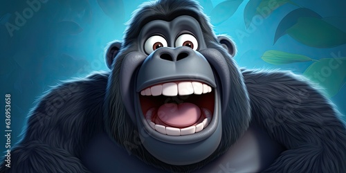 a cute and happy gorilla with eyes wide open in cartoon style photo