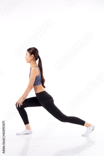 Portrait beautiful young asian woman stretching leg for exercise yoga and relax isolated on white background, female doing cardio and workout training for muscle strong, sport and warm up concept.