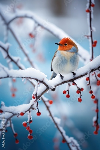 Bird perched on a snowy branch, tweeting happily.