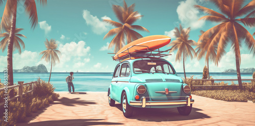 beach summer car travel road vacation retro tropical vintage trip. Generative AI.