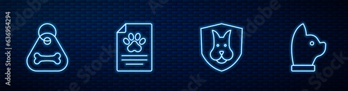 Set line Animal health insurance, Dog collar with bone, Medical clinical record pet and Cat. Glowing neon icon on brick wall. Vector