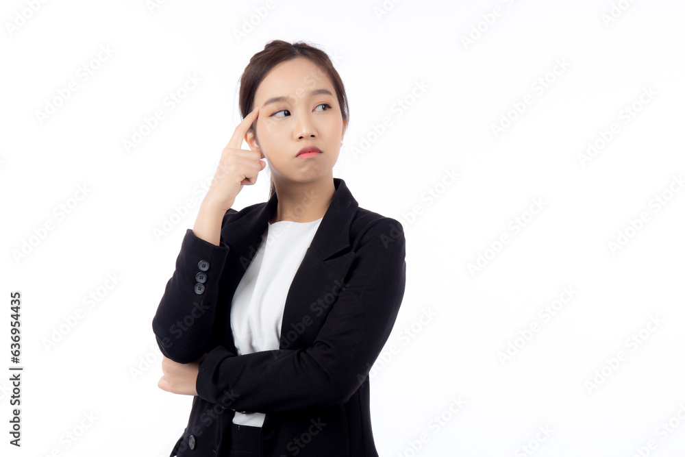 Portrait beautiful young asian businesswoman standing thinking idea with doubt for planning while serious isolated white background, business woman decision for choice with expression confused. Portrait beautiful young asian businesswoman standing thinking idea with doubt for planning while serious isolated white background, business woman decision for choice with expression confused.