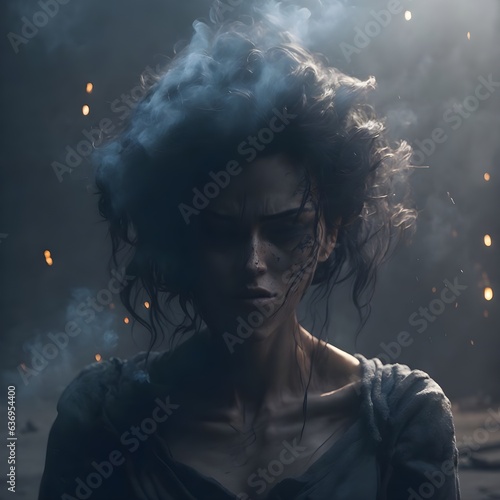 Sad and angry woman in love with a monster, Generative Ai