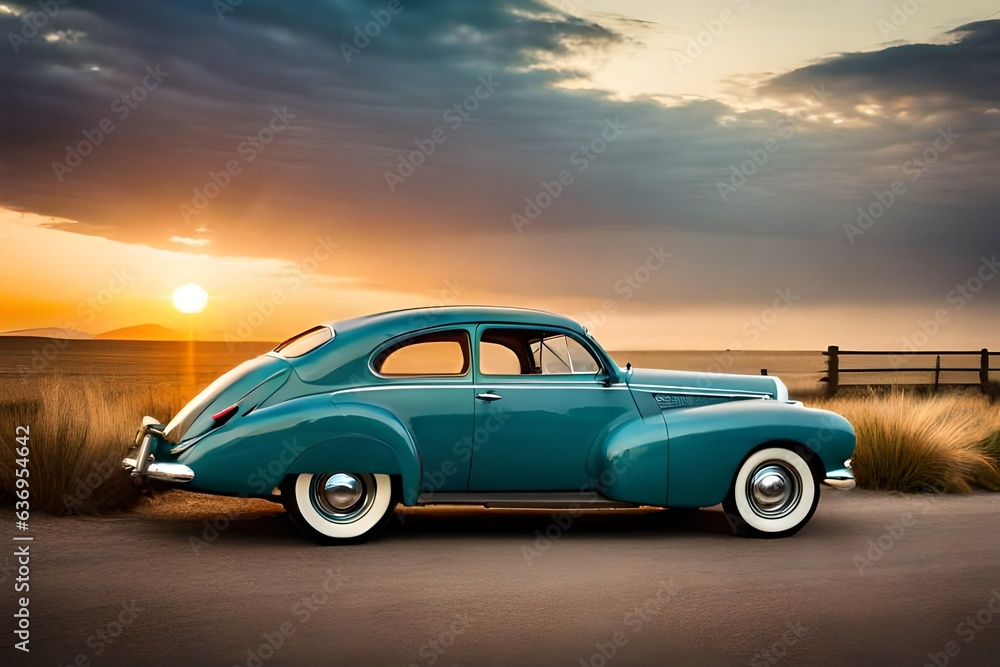 Vintage car staying at sunset 