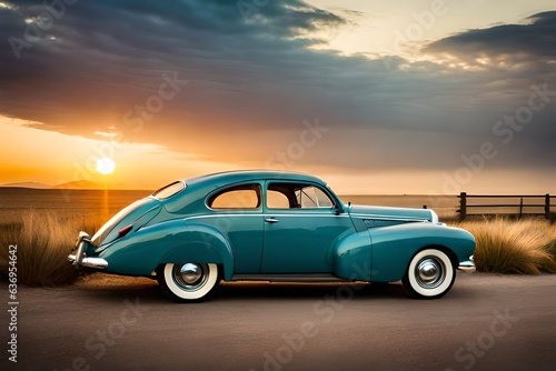 Vintage car staying at sunset 