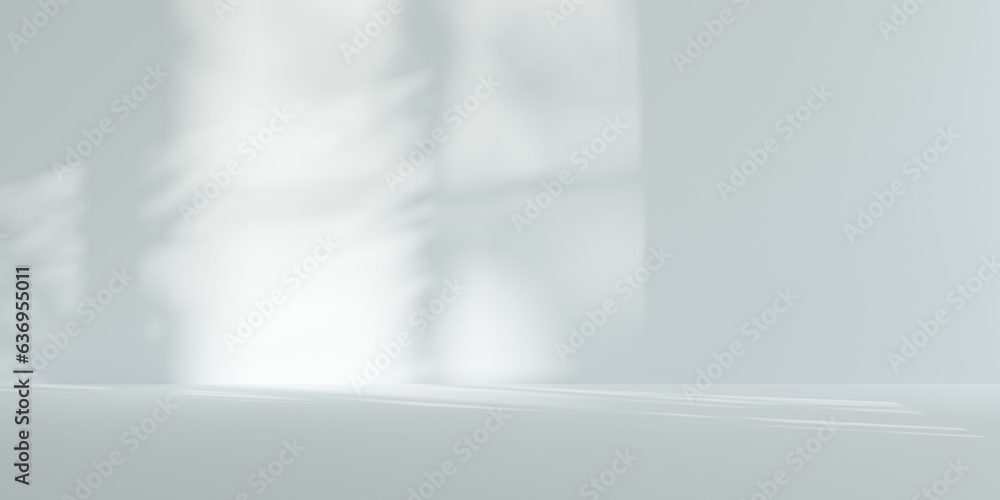 Empty, blank, pastel blue room background with window and tree shadow, product or design placement template Empty, blank, pastel blue room background with window and tree shadow, product or design placement template