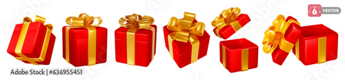 Set of 3d realistic red satin gift boxes with luxury golden bow. Open and closed. Holiday design element for birthday, wedding, advertising banner of sale and other events. Vector illustration
