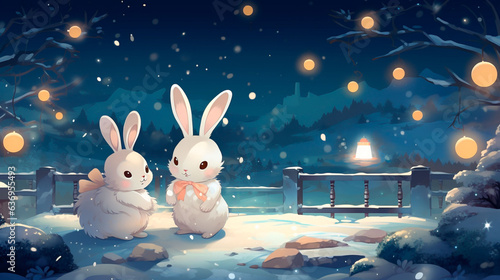 雪の日にイルミネーションを眺める２匹のウサギ © Ukiuki-tsuguri