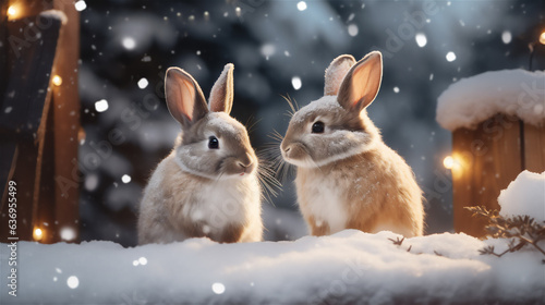 Two friendly rabbits against the background of snow and illumination