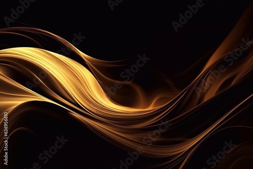 Abstract 3d background. Wavy smoky glowing stripes in gold tones on a black background. Generative AI.