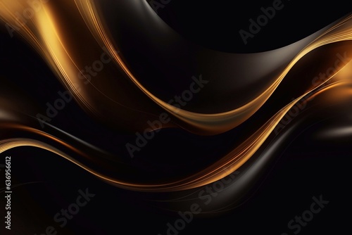 Abstract golden smoky wave on black background. Generative AI.