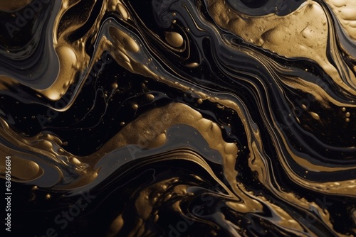 Black and gold marble abstract background. Decorative acrylic paint pouring rock marble texture. Horizontal Black and gold wavy abstract pattern, created with Generative AI