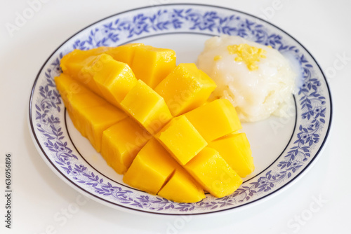 Thai sweet sticky rice with mango. Thai style tropical dessert, glutinous rice eat with mango.