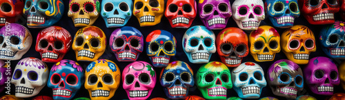 Mexican colorful skulls. Mexican / hispanic ceramic pottery Day of the Dead (Dia de los Muertos) skulls. Generative AI.