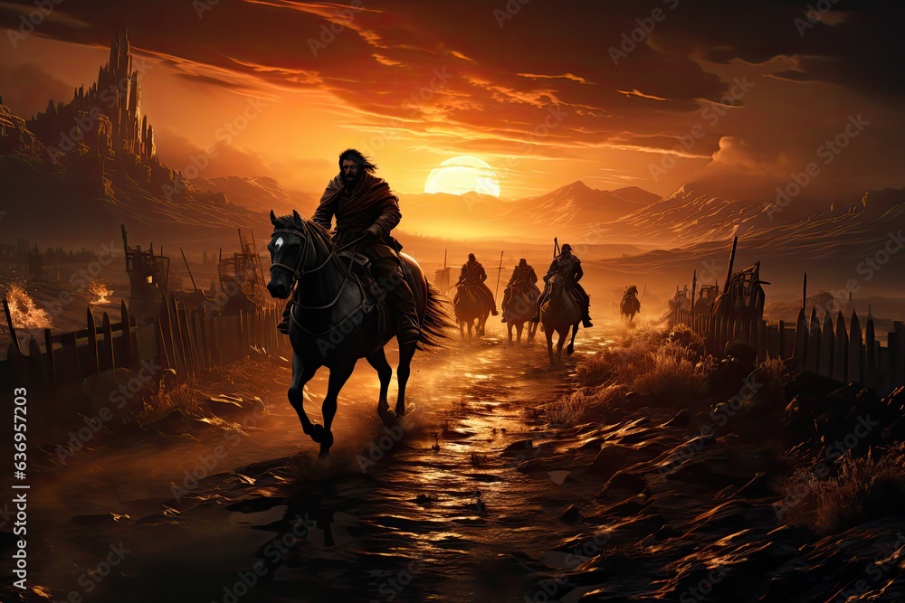 Riders armed with spears and swords pursued the fleeing warriors. Against the background of sunset, hills and grasslands. Generative AI.