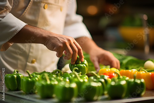 A chef preparing stuffed green bell peppers