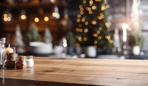 Empty wooden table on background christmas kitchen . Christmas background. Ready for product montage.Merry Christmas and Happy New Year  Banner. Mockup.Generative AI 