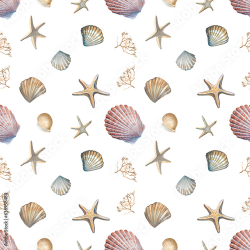 Watercolor summer pattern.Beach watercolor elements.Sea print.Tropic objects:seastars,seashells,algae.