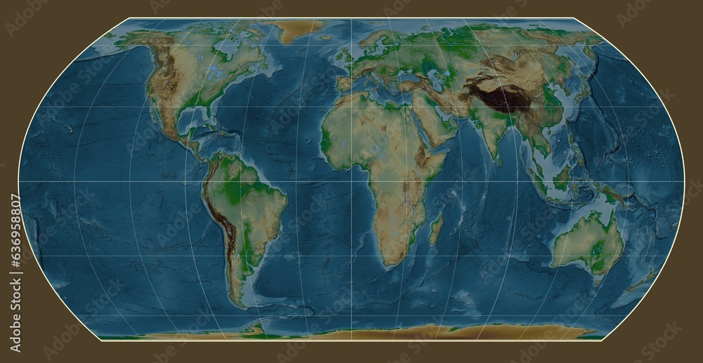 World map. Physical. Hatano Asymmetrical Equal Area projection. Meridian: 0