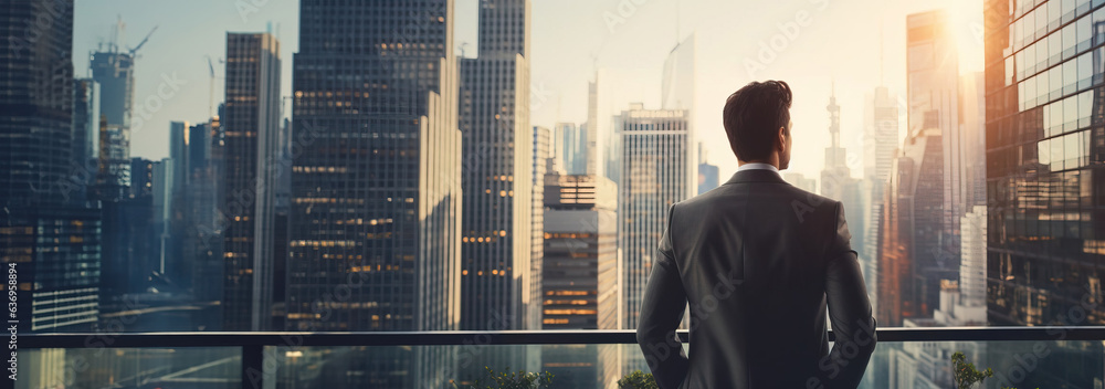 Handsome businessman standing on balcony, copy space. Created using Generative AI technology. Handsome businessman standing on balcony, copy space. Created using Generative AI technology.