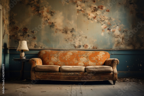 Unveiling the Essence, A Serene Empty Room with a Time-Worn Couch and Peeling Wallpaper