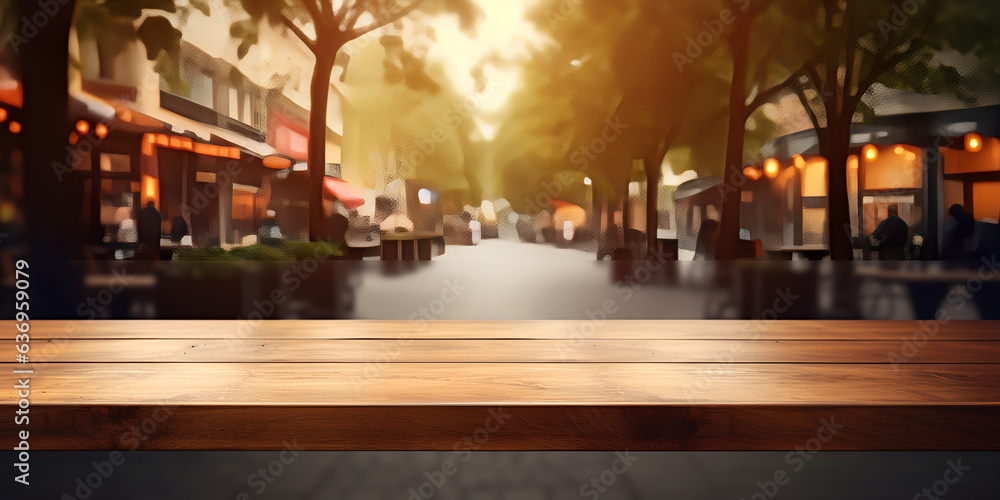 The empty wooden table top with blur background of town square exuberant 