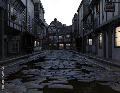 A 3d rendered fantasy backdrop of a dark Victorian town, inside an alley. Isolated on a transparent background