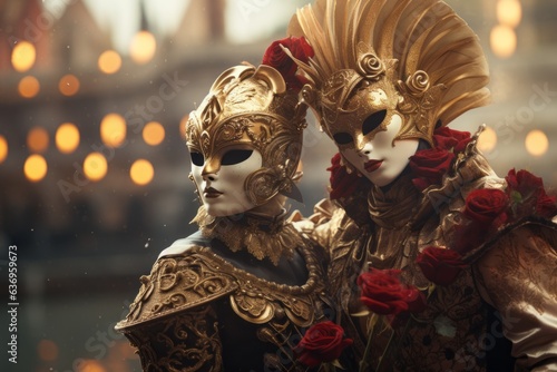 Elegantly dressed individuals wearing Venetian masks in a mystery location. Generative Ai © bluebeat76