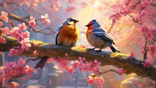 Asian birds on a branch of a cherry blossom tree. An illustration created with the generative Ai. © SavirinaArt