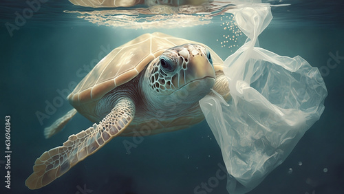 Waste ocean of wild sea turtle in transparent plastic bag swimming underwater representing concept of environmental pollution. Generative AI illustration 