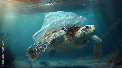 Waste ocean of wild sea turtle in transparent plastic bag swimming underwater representing concept of environmental pollution. Generative AI illustration 