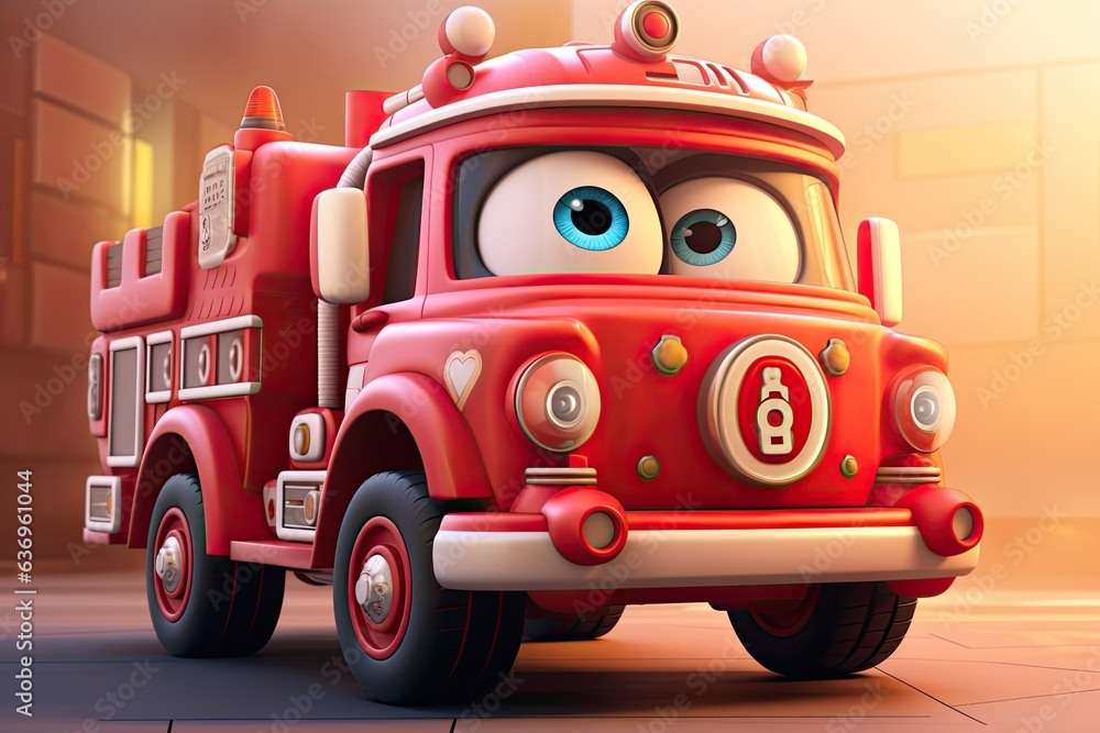Funny Cartoon fire engine red colour 3d Character in a garage