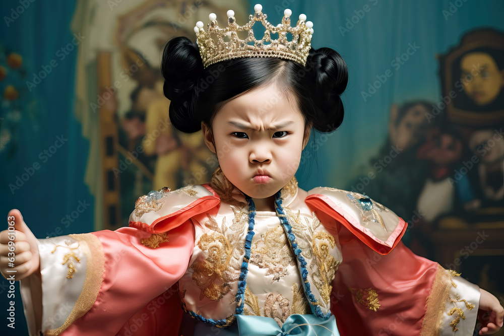 angry little asian girl dressed as a queen, ai generated