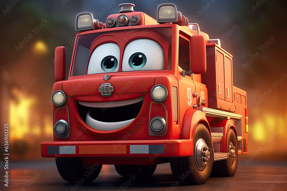 Cute Cartoon Fire Engine Red Colour 3d Character With Big Eyes On The 